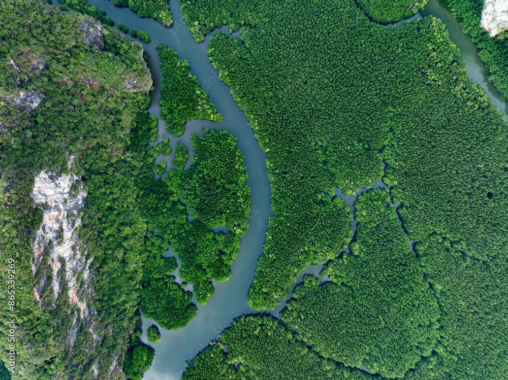 View from above, aerial shot, stunning view of Ao Phang Nga (Phang Nga Bay) National Park with a river flowing through a mangrove forest Thailand.