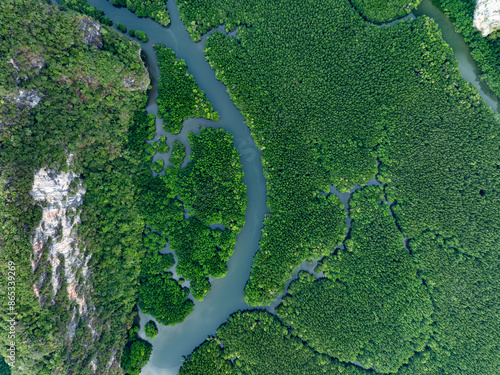 Obraz na płótnie View from above, aerial shot, stunning view of Ao Phang Nga (Phang Nga Bay) National Park with a river flowing through a mangrove forest Thailand. w salonie