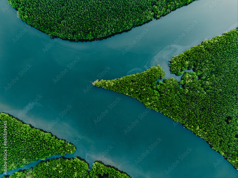 View from above, aerial shot, stunning view of Ao Phang Nga (Phang Nga Bay) National Park with a river flowing through a mangrove forest Thailand.