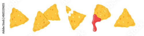 A set of Mexican snack nachos in a flat cartoon style isolated on a white background. Vector clipart illustration of Mexican traditional food.