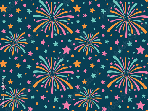 Seamless pattern with fireworks in the dark sky. Vector colorful background in flat style	