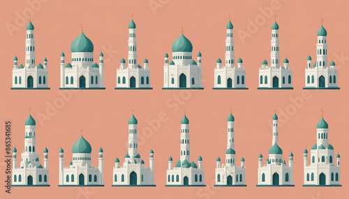 icon set vector art design. mosque. minaret. church. dome. pastel color. cathedral. temple. Vihara. the white house. the grand palace