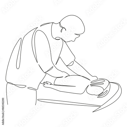 One continuous single drawing line art flat doodle isolated, osteopath, physical, therapy, rehabilitation, massage, therapist, child. Isolated image hand draw contour on a white background
