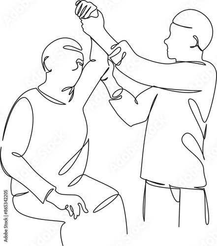 One continuous single drawing line art flat doodle medical, rehabilitation, adult, treatment, patient, physiotherapy, osteopath, old. Isolated image hand draw contour on a white background
