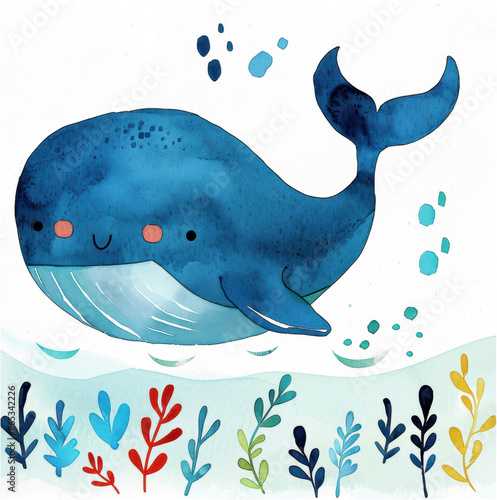 Cute blue whale watercolor illustration clipart for children, neutral tones, isolate on white background photo