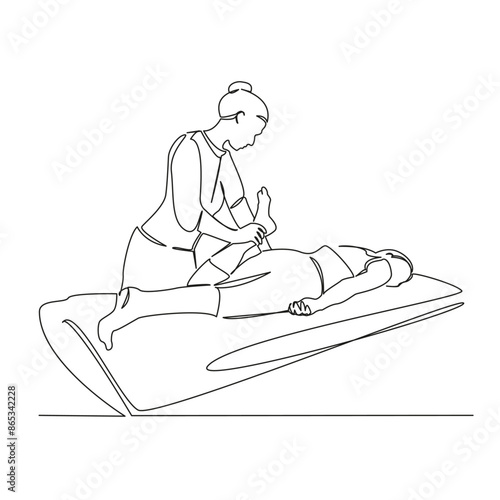 One continuous single drawing line art flat doodle  patient, osteopath, leg, rehabilitation, chiropractor, orthopedic, therapist, knee. Isolated image hand draw contour on a white background