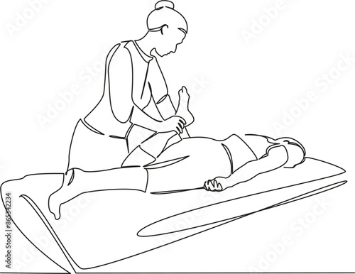 One continuous single drawing line art flat doodle  patient, osteopath, leg, rehabilitation, chiropractor, orthopedic, therapist, knee. Isolated image hand draw contour on a white background