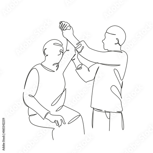 One continuous single drawing line art flat doodle medical, rehabilitation, adult, treatment, patient, physiotherapy, osteopath, old. Isolated image hand draw contour on a white background
