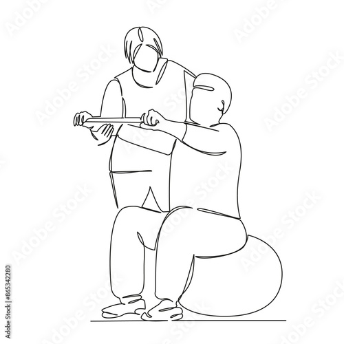 One continuous single drawing line art flat doodle  elderly, expander, training, man, health, sport, workout, old, physiotherapy. Isolated image hand draw contour on a white background
