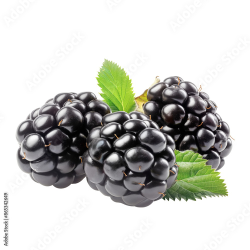 Bunch of blackberries isolated on transparent background. Fresh berries with leaves
