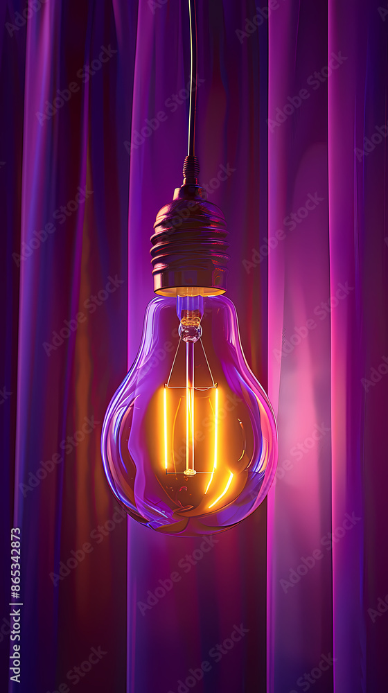 A glowing light bulb hangs on a purple curtain background A glowing light bulb hangs on a purple curtain background