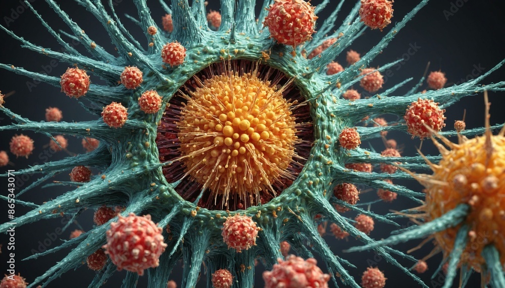 A virus, symbolizing infection, breaks through the cell membrane, depicted in a 3D rendering with a vibrant mix of blue, green and orange colors. symbolizing an infection at a microscopic level. A virus, symbolizing infection, breaks through the cell membrane, depicted in a 3D rendering with a vibrant mix of blue, green and orange colors. symbolizing an infection at a microscopic level.