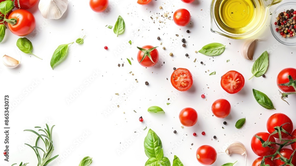 Fresh Mediterranean Diet Banner with Tomato Basil Olive Oil and Garlic Vegan Cooking Concept on White Background Fresh Mediterranean Diet Banner with Tomato Basil Olive Oil and Garlic Vegan Cooking Concept on White Background