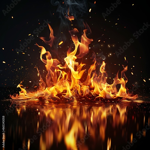 Fire flames with reflection on water surface. photo