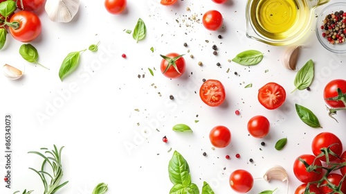 Fresh Mediterranean Diet Banner with Tomato Basil Olive Oil and Garlic Vegan Cooking Concept on White Background