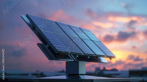 compact solar panel on sleek metal stand minimalist design soft natural lighting clean energy concept