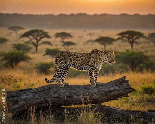 Leopard against the backdrop of sunset in the savannah