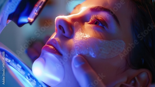 dermatologist uses advanced skin analysis device on patient warm clinic lighting closeup of face and hightech tool