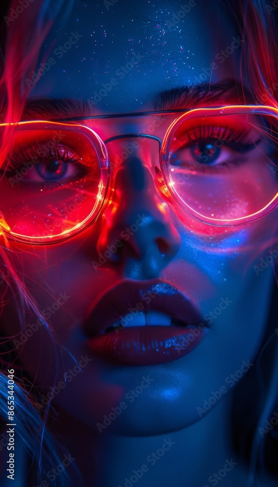 Close-up of a woman's face in neon light, wearing glowing glasses with vibrant red and blue hues, creating a futuristic and captivating look. Close-up of a woman's face in neon light, wearing glowing glasses with vibrant red and blue hues, creating a futuristic and captivating look.