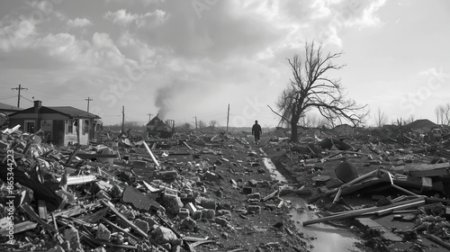 eerie black and white photo of tornadoravaged neighborhood twisted debris lone figure in distance photo