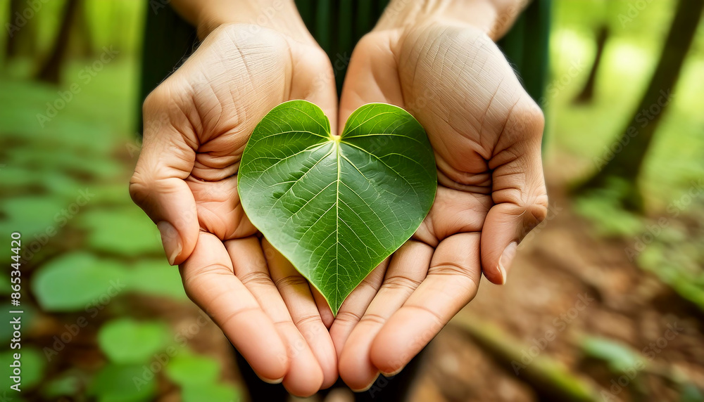 Extreme close-up of the cupped hands of an environmentalist holding a heart-shaped green leaf, unrecognizable person in a beautiful green forest with lush foliage. Generative Ai. Extreme close-up of the cupped hands of an environmentalist holding a heart-shaped green leaf, unrecognizable person in a beautiful green forest with lush foliage. Generative Ai.