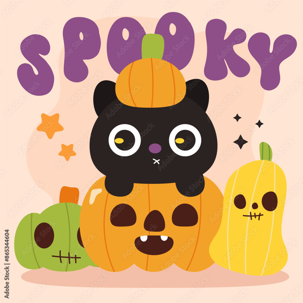 Fototapeta premium halloween cat with pumpkin spooky card
