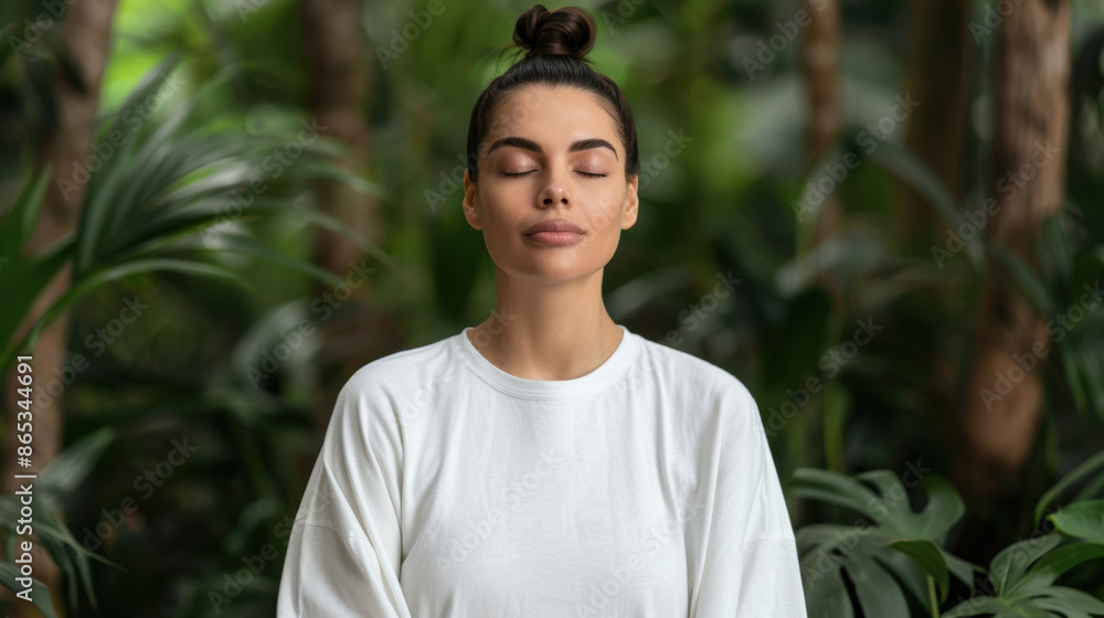 A woman practicing mindfulness in a lush forest, her serene expression reflecting inner peace A woman practicing mindfulness in a lush forest, her serene expression reflecting inner peace
