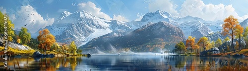 Stunning panoramic view of a serene lake surrounded by snowy mountains and autumn trees under a clear blue sky. photo