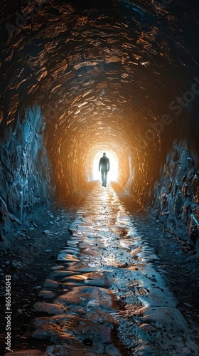 Lone figure walking through illuminated tunnel with rugged walls and wet ground, evoking mystery and adventure in an atmospheric setting. photo