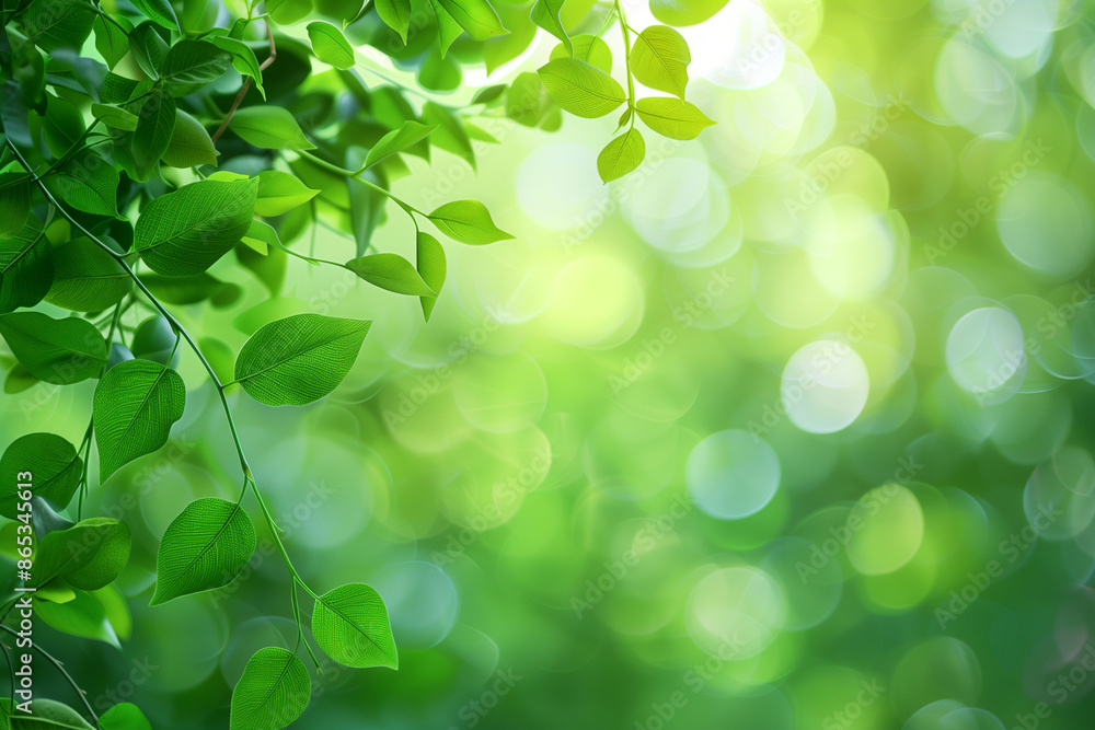 Blurred green nature background with bokeh effect, soft focus, and defocused light in a spring forest. Perfect for nature-themed projects, calming visuals, wellness content, and seasonal promotions.