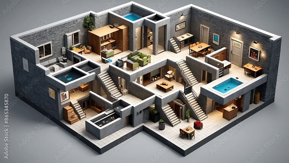Isometric view of a model home with multiple rooms. Isometric view of a model home with multiple rooms.