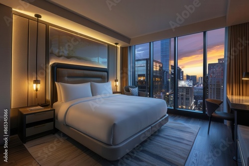 luxurious hotel suite interior with a plush kingsized bed featuring soft ambient lighting elegant furnishings and floortoceiling windows overlooking a cityscape at dusk photo