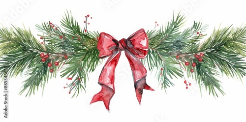 Green fir branches and red bow on a watercolor modern Christmas wreath.