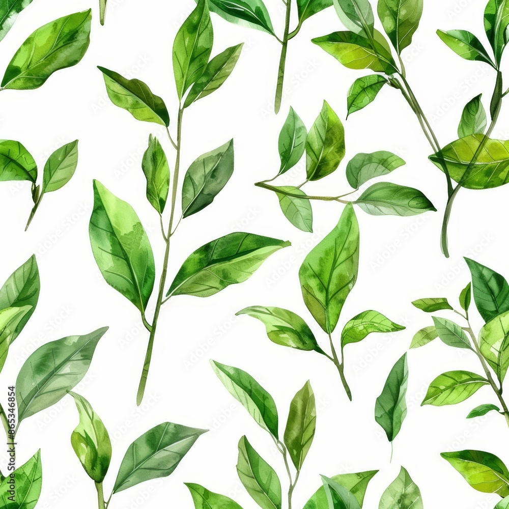 Green leaves isolated on white background in watercolor. Green leaves isolated on white background in watercolor.