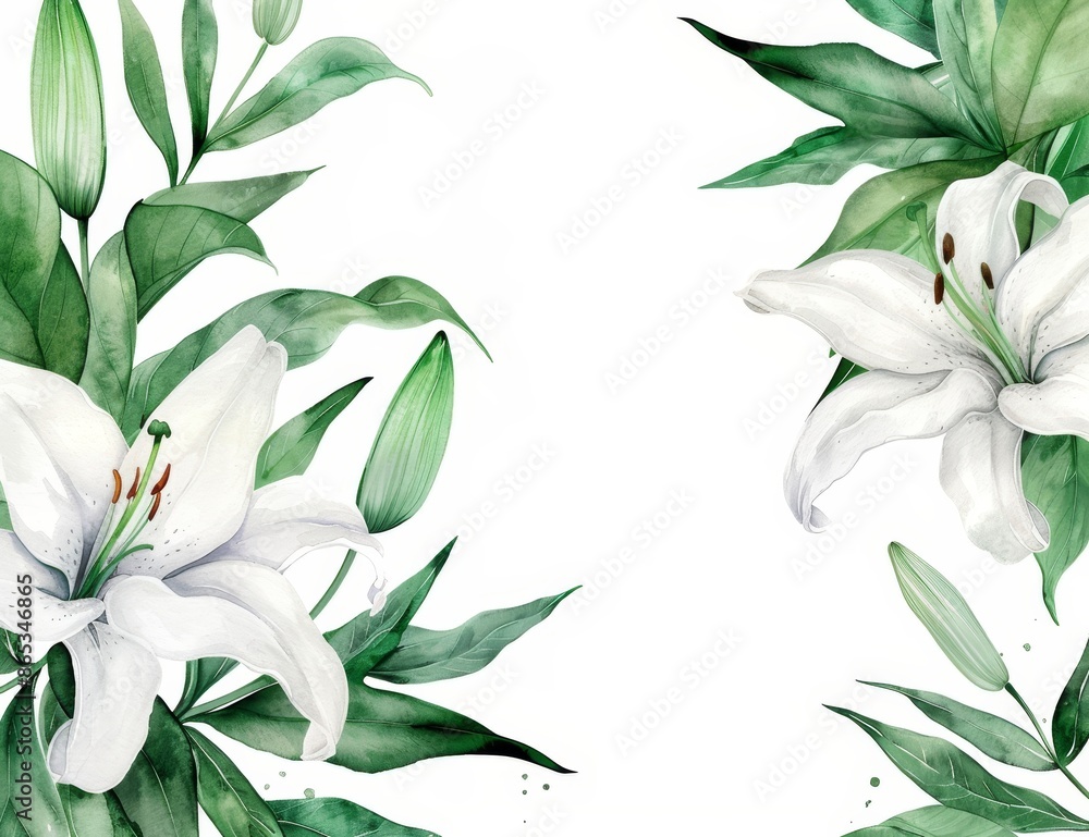 An orange Lily flower wreath with green leaves in watercolor. An orange Lily flower wreath with green leaves in watercolor.