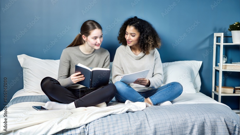 Two college roommates sitting on a dorm bed, surrounded by study materials and discussing their notes.
Two college roommates sitting on a dorm bed, surrounded by study materials and discussing their notes.