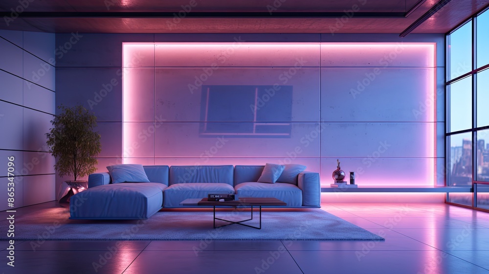 Elegant Modern Living Room Bathed in Neon Glow Elegant Modern Living Room Bathed in Neon Glow