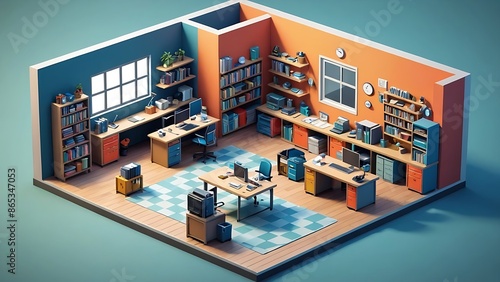 Isometric view of a home office with two desks, bookshelves, and a checkered rug.