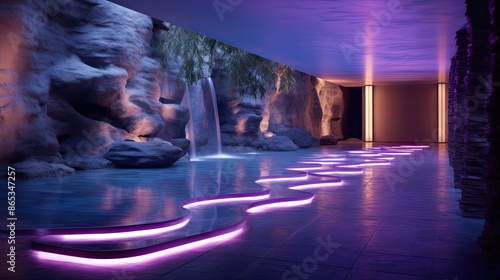 Serene Indoor Waterfall Illuminated by Ethereal Lights © dDenVil