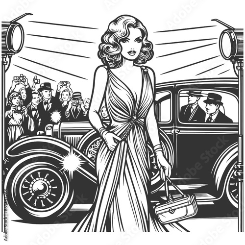 glamorous woman arriving event, surrounded by photographers and classic car sketch engraving generative ai fictional character vector illustration. Scratch board imitation. Black and white image.