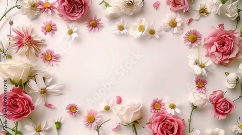 A beautiful flower frame made of roses and daisies surrounding a blank white space