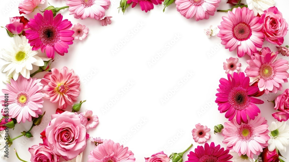 A circular flower frame made of roses and daisies surrounding a white space A circular flower frame made of roses and daisies surrounding a white space