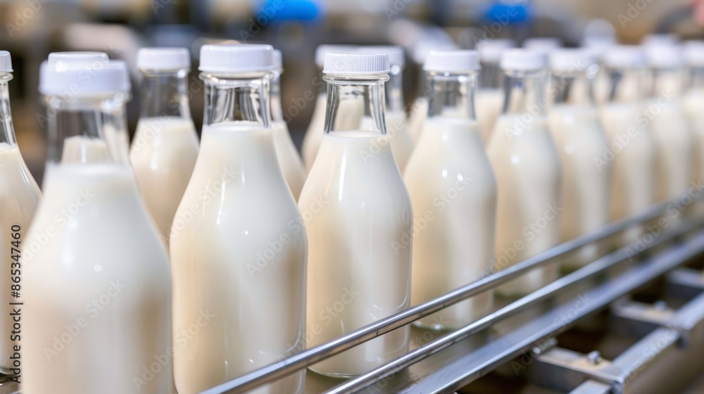 Bottling milk production line in a factory, dairy, food, industry, beverage Bottling milk production line in a factory, dairy, food, industry, beverage