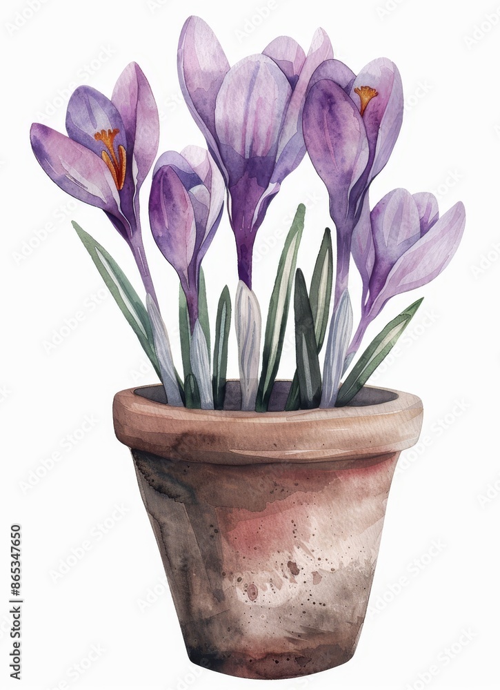 Obraz premium A modern watercolor card with saffron in a ceramic pot.