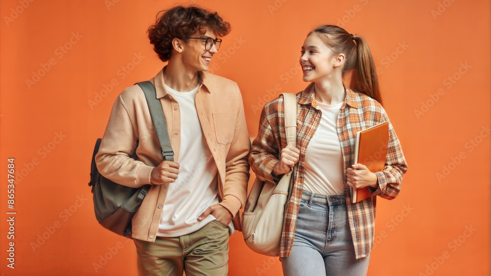 Two high school students walking together, carrying backpacks and chatting.
Two high school students walking together, carrying backpacks and chatting.