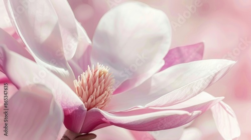 A close-up of a blooming magnolia with soft pink petals