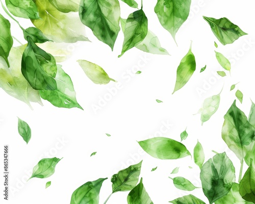 A watercolor modern design of green leaves on a white background.