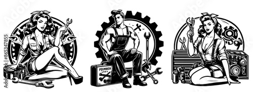 collection of pin-up mechanic girls drawings
