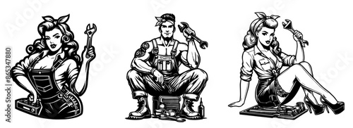 vintage pin-up girls working as mechanics artwork set vector graphics