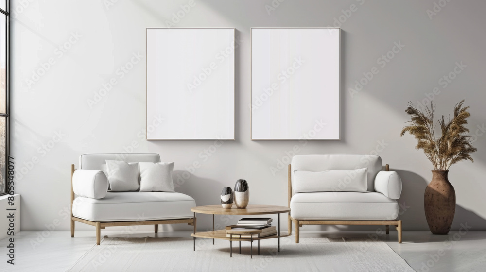 Fototapeta premium Frame mockup living room wall poster mockup. Interior mockup with house background. Modern interior design. 3D render
